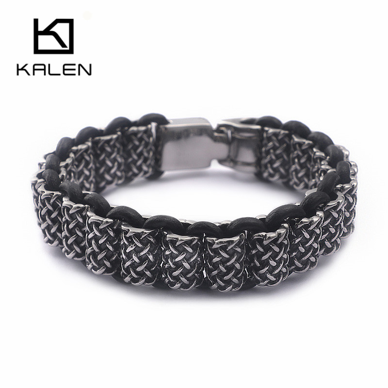 Men Accessories Bd - KALEN Vintage Black Leather Link Bracelets