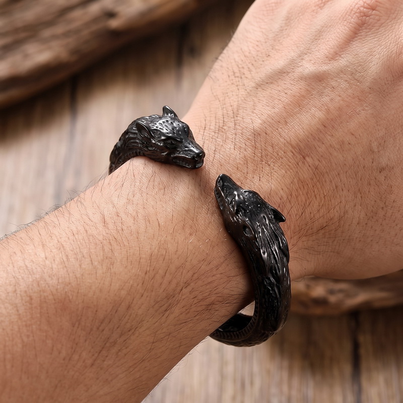 Men Accessories Bd - Double Wolf Head Opening Bracelet Man